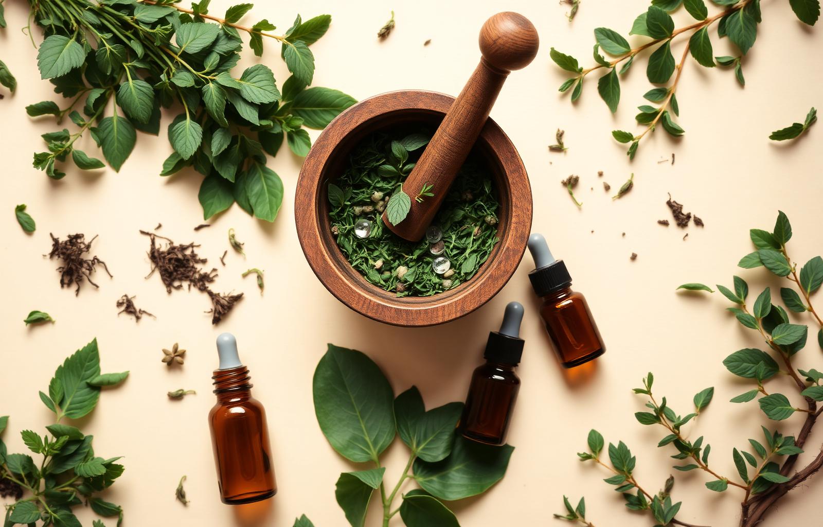 Fresh herbs, mortar and pestle, and herbal tinctures arranged on a soft cream background